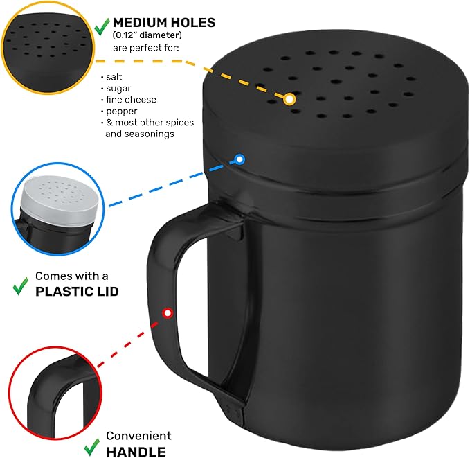 CUSINIUM 6oz Black Stainless Steel Salt Pepper Dredge Shakers - With Plastic Cap - With Handle - Pack of 2