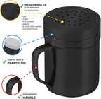 CUSINIUM 6oz Black Stainless Steel Salt Pepper Dredge Shakers - With Plastic Cap - With Handle - Pack of 2