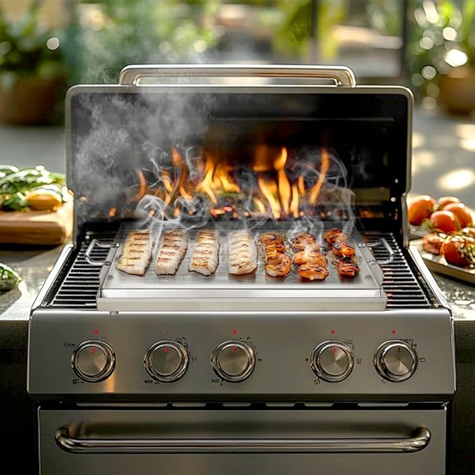 LotFun 17" x 13" Stainless Steel Cooking Griddle for Outdoor Gas Grill, Universal Griddle Flat Top Plate Insert with Grease Groove and Removable Handles for Electric/Charcoal/Gas Grill, Camping,Party