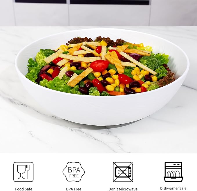 TP Melamine Salad Bowl with Utensils, 12-Inch Large Serving Bowl for Fruits Snacks Pasta, White