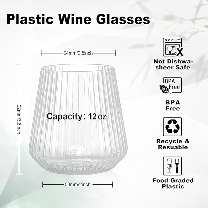36 Pcs 12 oz Plastic Ribbed Wine Glasses, Reusable Champagne Glasses Elegant Whiskey Glasses Ideal for Weddings, Bars, Christmas, Halloween,Holidays,pool party,Daily Use