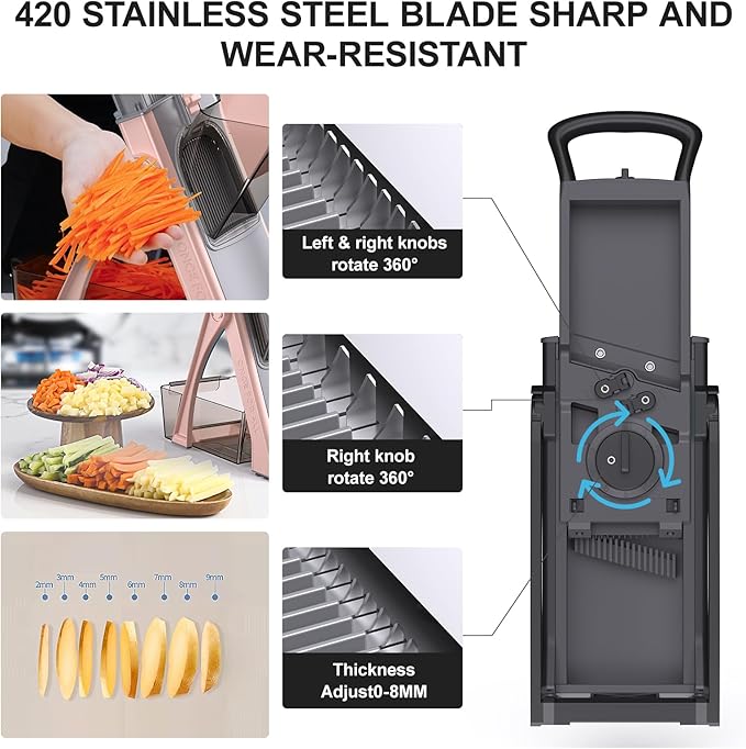 2025 [All in 1] Upgraded Version Safe Mandoline Slicer for Kitchen, Adjustable Thickness. Veggie Slicer, Rapid Prep Mandoline, Detachable Blade, Cleaning Brush/Paring Knife (Black Knight)