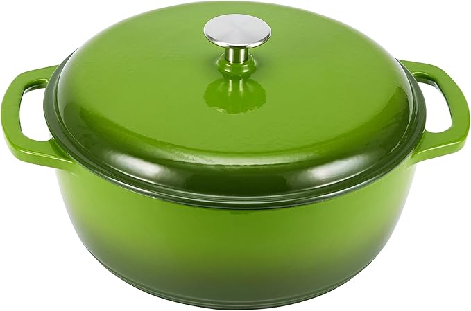 Amazon Basics Cast Iron Dutch Oven Pot with Lid, Enameled, Round, Dual Handles, Heavy-Duty, Medium, 6-Quart, Green