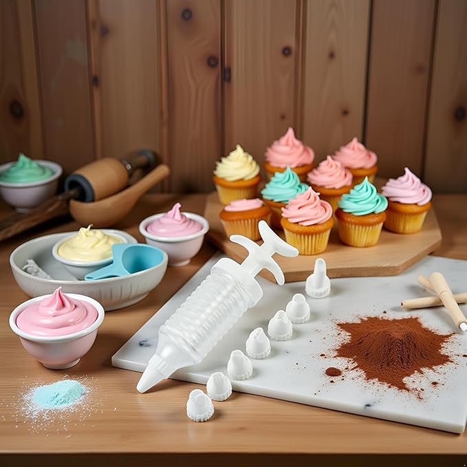 A Set Pipe Nozzles with Syringe, 8Pcs Plastic Cream Baking Piping Nozzle Dispenser Icing Pastry Tips Tube Decoration Tool