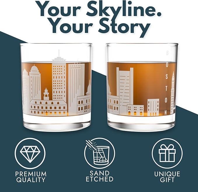 Greenline Goods – Boston, MA Skyline Whiskey Glasses (Set of 2), 10 oz – Rocks/Old Fashioned Tumblers