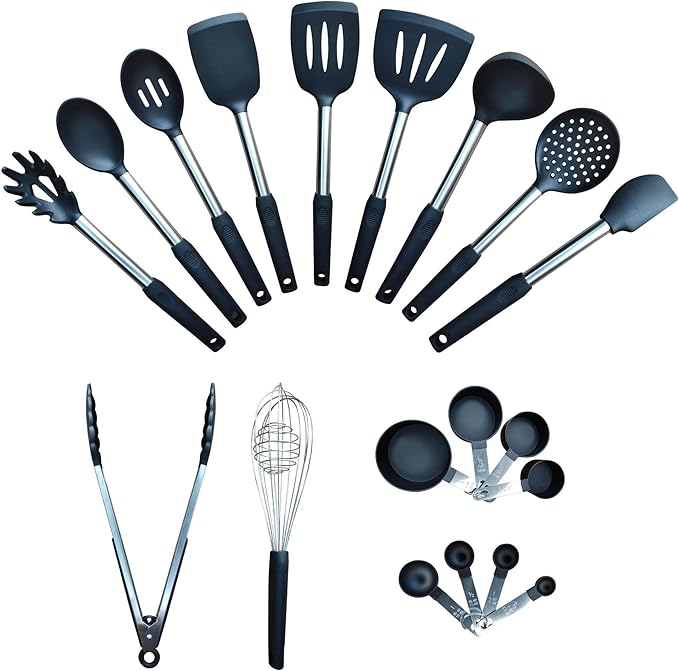 Home & Kitchen Essentials Cooking Utensils Set - Non Stick Silicone Kitchen Utensils Set - Stainless Steel Handles, Heat Resistant, BPA Free, and Dishwasher Safe (Black, 19 Pieces)