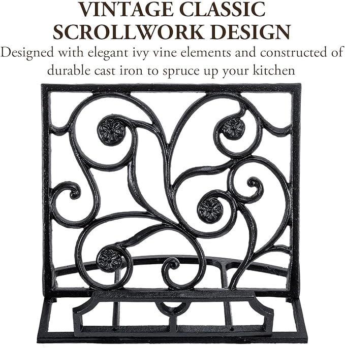 MyGift Black Metal Cookbook Holder Stand with Decorative Cookbook Word Cutout and Tree Silhouette Design, Countertop Recipe Book Tablet Easel Holder with Folding Kickstand (Art Deco)