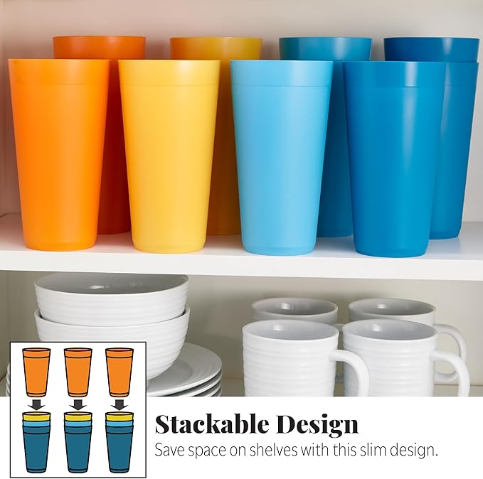 US Acrylic Newport 32 ounce Unbreakable Plastic Stackable Iced-Tea Tumblers in 4 Sunrise Colors | Set of 12 Drinking Cups | Reusable, BPA-free, Made in the USA, Top-rack Dishwasher and Microwave Safe