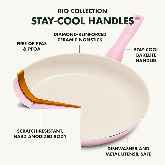 GreenPan Rio Healthy Ceramic Nonstick 16 Piece Cookware Pots and Pans Set, PFAS-Free, Dishwasher Safe, Pink