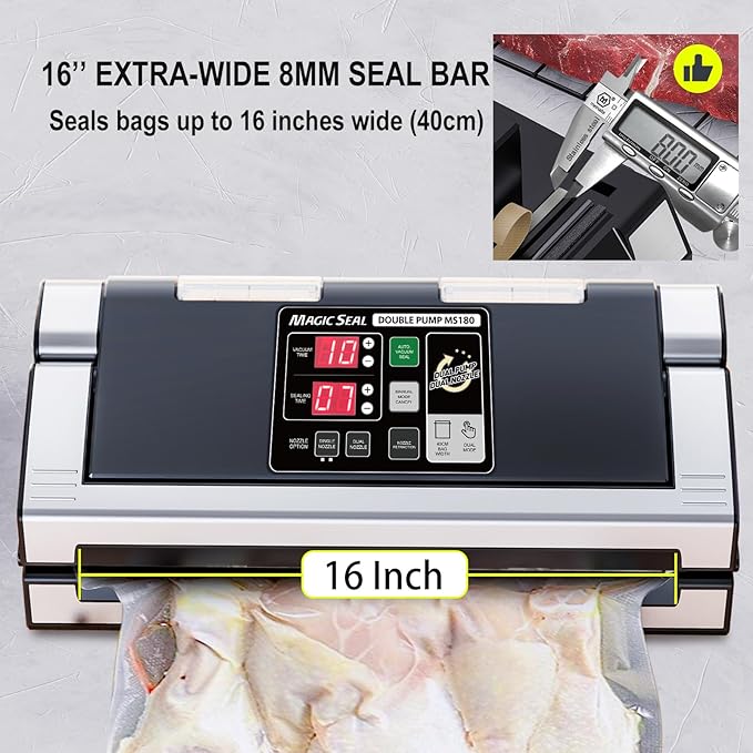 MAGIC SEAL 16-Inch Nozzle Vacuum Sealer for Food Storage - Works with Mylar & Smooth/Non-Textured Bags, No Textured Bags Needed, 250W, 8mm Extra-Wide Seal, 2X Suction Pump - MS180