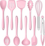 E-far Pink Silicone Cooking Utensils Set, 10-Piece Kitchen Utensil Set for Nonstick Cookware, Silicone Kitchen Tools with Spatula Turner Spoon Tongs Whisk, Heat Resistant & Non-Toxic, Dishwasher Safe