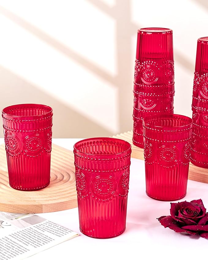 Ciaell 12 Pack Romantic Plastic Water Glasses - 14 Oz Red Vintage Drinking Glasses, Embossed Ribbed Plastic Cups, Textured Striped Set for Juice, Beverages, Beer, Cocktail, Christmas