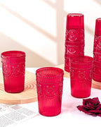 Ciaell 12 Pack Romantic Plastic Water Glasses - 14 Oz Red Vintage Drinking Glasses, Embossed Ribbed Plastic Cups, Textured Striped Set for Juice, Beverages, Beer, Cocktail, Christmas