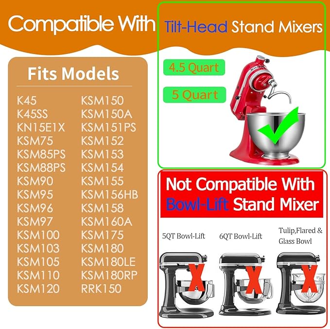 Stainless Steel Spiral Dough Hook Replacement for KitchenAid 4.5-5 Qt. Tilt-Head Stand Mixers.Accessories Compatible for Kitchen Aid K45, K45SS, KN15E1X, KSM75, KSM85PS, KSM88PSQ, KSM90 etc.