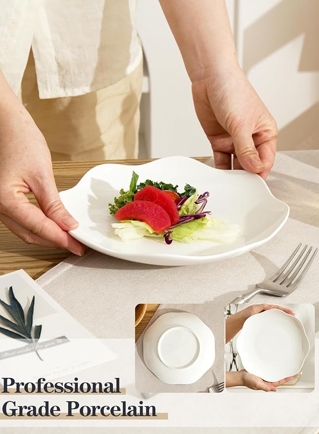 8.5 Inch Salad Plates Set of 8, Ceramic White Leave Wave Rim Small Dinner Appetizer Pasta Plate, Porcelain Dinnerware Serving Dishes for Pancakes, Steak, Pizza, Microwave, Dishwasher Safe