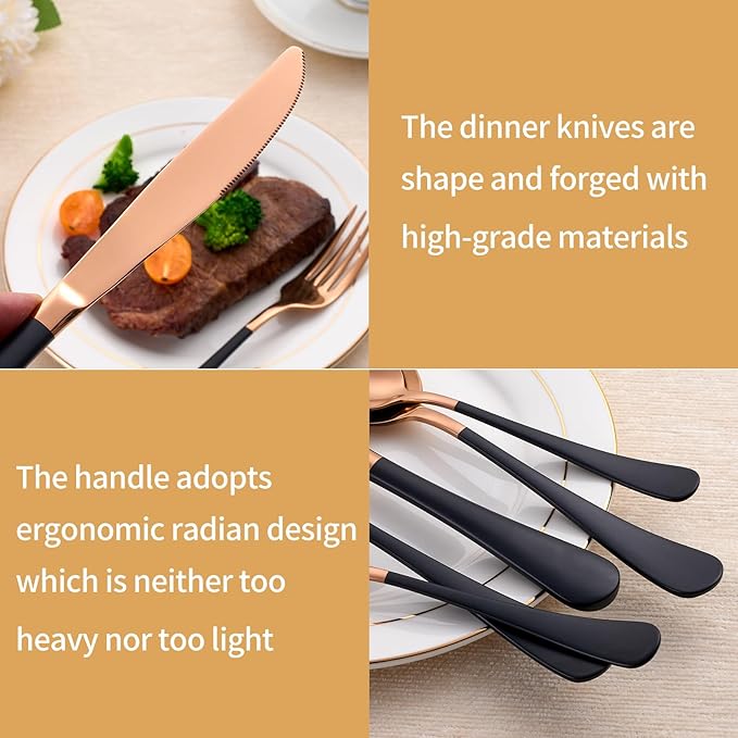20-Piece Black and Rose Gold Silverware Set 18/0 Stainless Steel Silverware Set Black Handle Cutlery Set Service for 4 Dinner Knives Forks Spoons Set Flatware Set Finish Dishwasher Safe