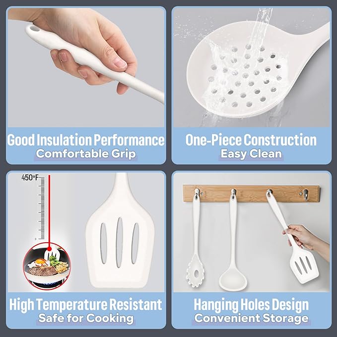 Silicone Kitchen Utensils Set, E-far 23 Pcs White Cooking Utensils Tools with Holder for Nonstick Cookware, Include Spatula/Spoon/Ladle/Tongs/Turner, Heat Resistant & Nontoxic, Dishwasher Safe