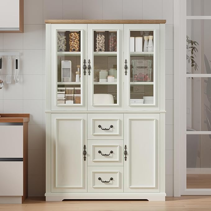 YITAHOME 71" H x 47" W Kitchen Pantry with 3 Drawers, Large Storage Cabinet with 3 Glass Doors & Adjustable Shelves, Freestanding Tall Display China Cabinet for Living & Dining Room, White