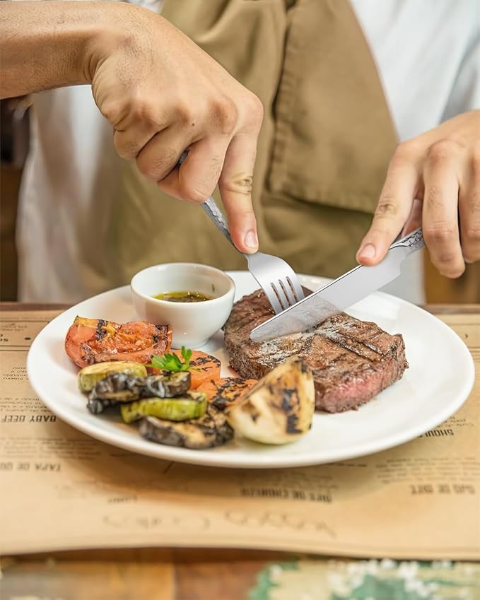 Hammered Silverware Set,Ollex 40-Pieces Hammered Flatware Cutlery Set for 8 Mirror Finished with Anti-rust stainless steel Spoon Knives Forks for Kitchen Hotel Modern Utensil Sets,Dishwasher Safe