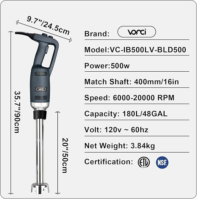 VONCI 500W Commercial Immersion Blender Handheld, 20" 304 Removable Shaft, Heavy Duty Stick Blender with Variable Speed 6000-20000RPM, Long Hand Mixer for Professional Kitchen Use.
