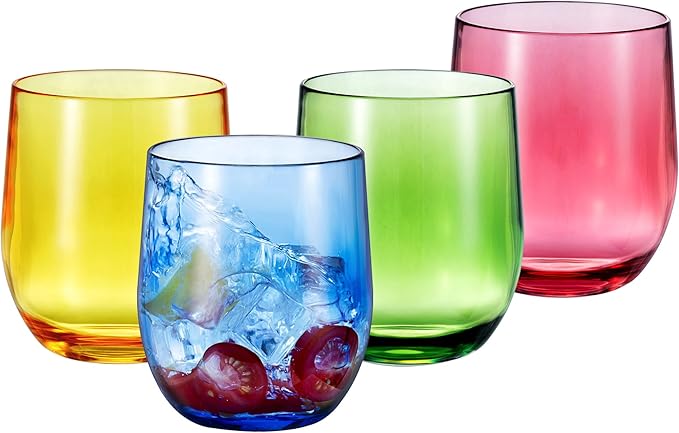 14-ounce Plastic Stemless Wine Glasses, All Purpose Arcylic Glasses, set of 4 Multicolor Reusable Shatter-resistant Dishwasher Safe