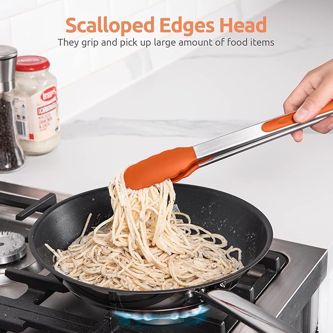 600ºF Heat Resistant Kitchen Tongs: U-Taste 12 inch Large Silicone Cooking Tong with Sturdy Non Stick Rubber Tips & Silicon Coated 18/8 Stainless Steel Handle & Smooth Locking for Serving Grill-Orange