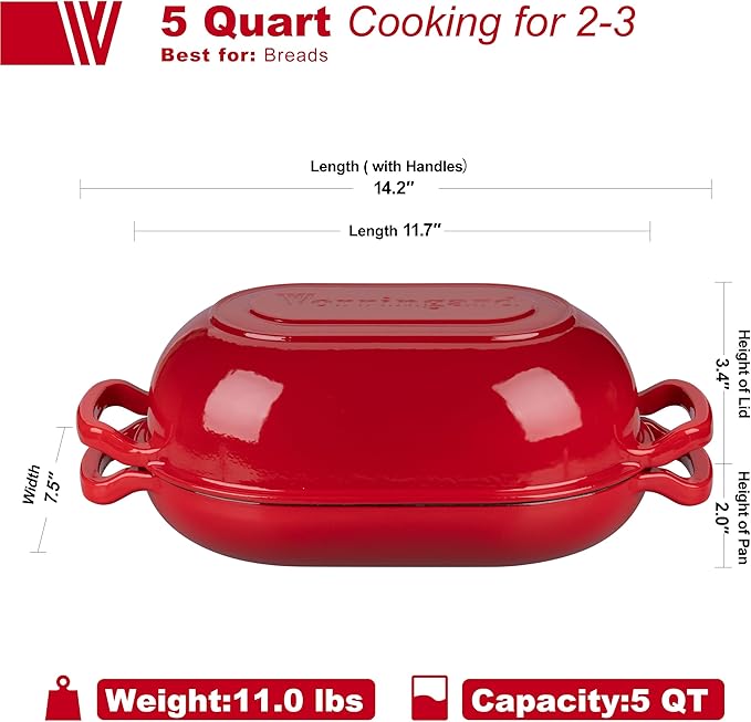 Enameled Cast Iron Sourdough Bread Oven, Dutch Oven, Loaf Cast Iron Bread Pan for Homemade Bread Baking, Meatloaf Pan with Lid, 5QT, Red