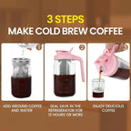 Cold Brew Coffee Maker,32 oz Mason Jar Pitcher with Stainless Steel Filter, Pour Spout Handle Lid, Heavy Duty Glass Airtight & Leak-Proof Pitcher for iced coffee Tea Breastmilk Lemonade-Pink