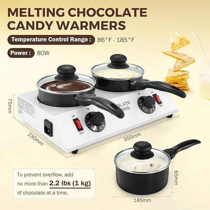 Electric Chocolate Melting Pot - Dual 1L Ceramic Non-Stick Pots, PTC Heating & Precision Thermostat (80W, 110V) for Home/Commercial Chocolate, Candy, Fondue & Hot Beverage