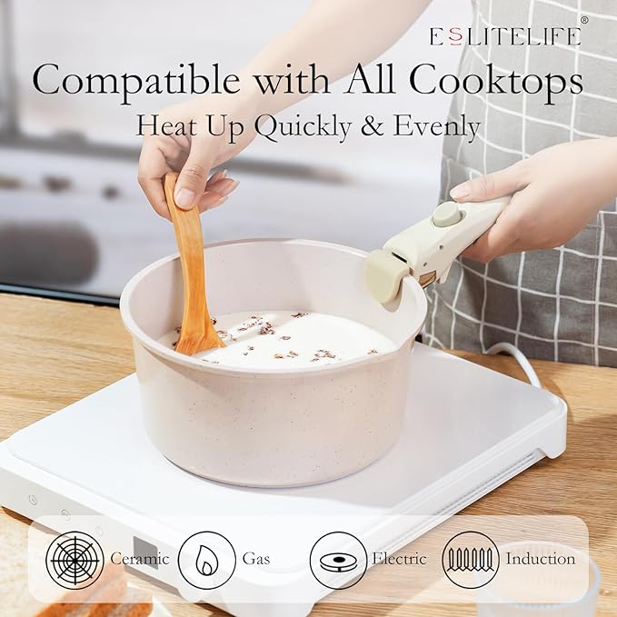 ESLITE LIFE Nonstick Cookware Sets with Detachable Handle,Ceramic Coating Pots and Pans Set Kitchen Cooking Set, Compatible with All Stovetops, PTFE & PFOA Free, White, 10 Pcs Set