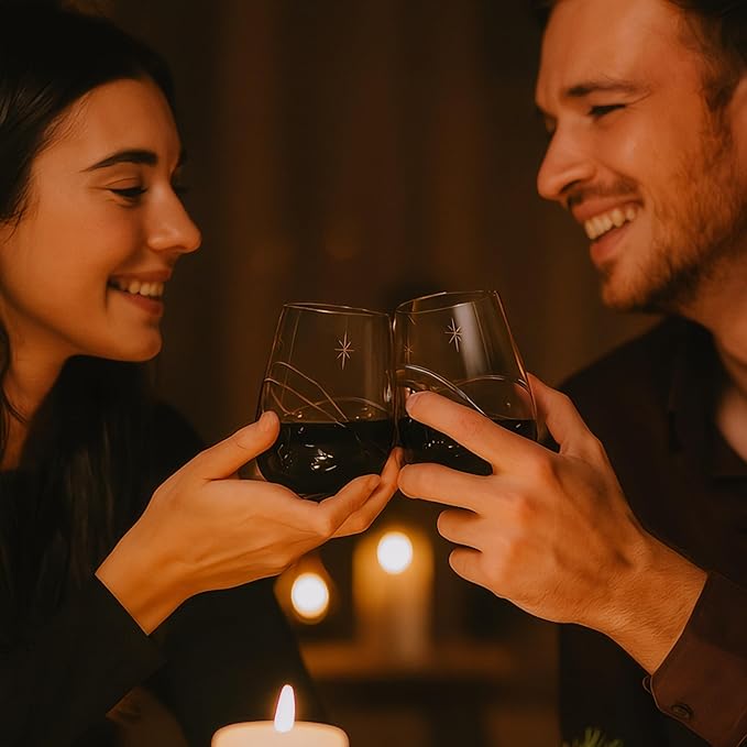 SHOSHIN Hand-Cut Space Pattern Stemless Wine Glasses 18 Oz, 4-Pack - Lead-Free Crystal, Dishwasher Safe & Artisan Engraved Design for Modern Entertaining