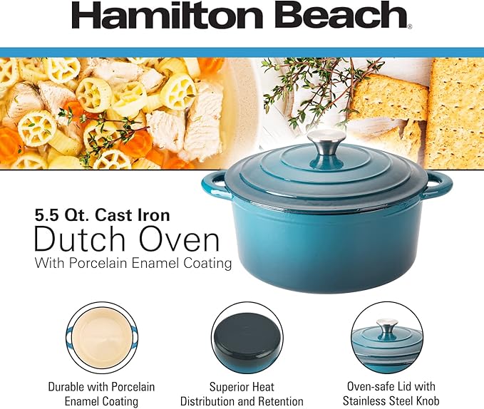 Hamilton Beach 5.5-Quart Enameled Cast Iron Dutch Oven with Lid | Heavy-Duty Pot for Braising, Roasting & Baking | Navy