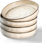 E-far Pasta Bowls Set of 4, 30oz Shallow Salad Bowls for Dinner Serving, 8.25" Stoneware Ceramic Bowl Plates for Noodle Soup, Microwave & Dishwasher Safe, Reactive Glaze, Khaki