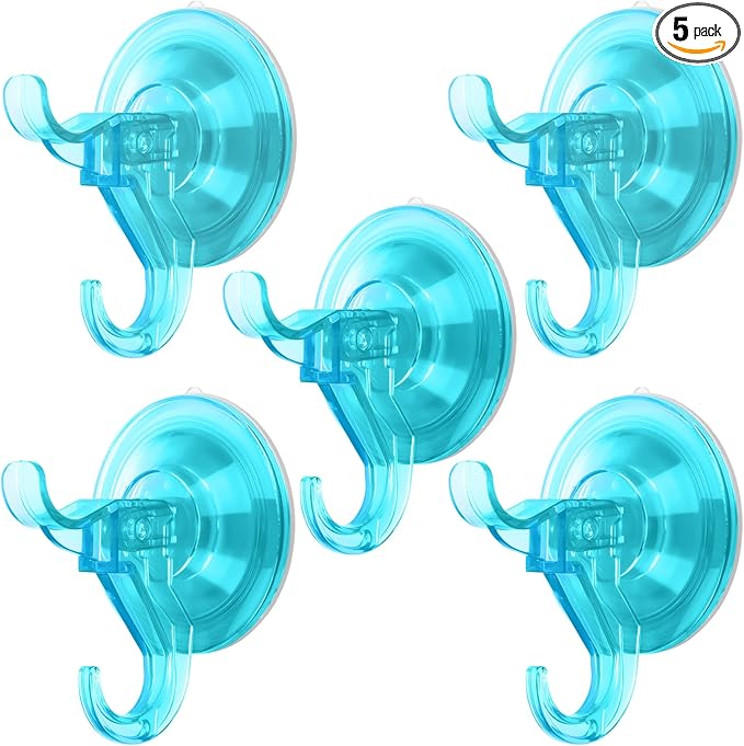 Antimbee Suction Cup Hooks, 5 Pack Shower Wall Suction Cup Hangers, Heavy Duty Vacuum Suction Cups, Reusable Bathroom Suction Hooks for Window, Tile Wall, Glass Door-2 Hooks Design(Transparent Cyan)