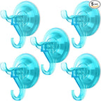 Antimbee Suction Cup Hooks, 5 Pack Shower Wall Suction Cup Hangers, Heavy Duty Vacuum Suction Cups, Reusable Bathroom Suction Hooks for Window, Tile Wall, Glass Door-2 Hooks Design(Transparent Cyan)
