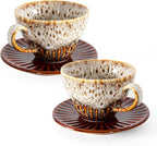 2 oz Espresso Cups Set of 2, Ceramic Cappuccino Cups with Saucers, Durable Porcelain Tea Set & Modern Coffee Cup Collection, Coffee Lover Gifts, Glazed White