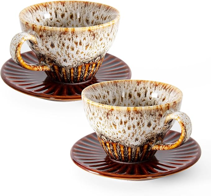 2 oz Espresso Cups Set of 2, Ceramic Cappuccino Cups with Saucers, Durable Porcelain Tea Set & Modern Coffee Cup Collection, Coffee Lover Gifts, Glazed White