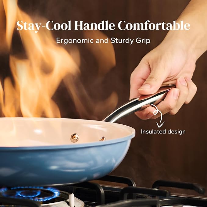 Redchef Non Stick Ceramic Frying Pan Set, Non Toxic Ceramic Pans for Cooking, 8" 9.5" 11" Skillet Set, No PFAS & PTFE & PFOA with Stainless Steel Handle, Dishwasher & Oven Safe Max up to 842°F (Blue)