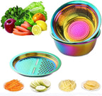 3PC/Set Colander set Stainless Steel Vegetable Slicer Fruit Potato Peeler Carrot Grater Strainer Utensil Round Rice Washer Bowl Drain Basket-Rainbow Color
