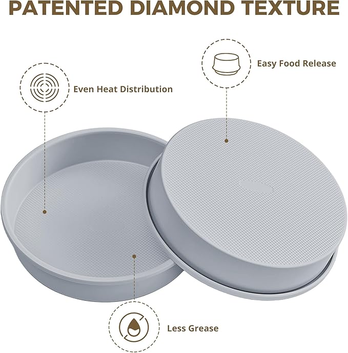 HONGBAKE 9 Inch Round Cake Pan Set of 2, Nonstick Ceramic Coating Cake Molds with Diamond Texture, Aluminized Steel Cake Pans Sets for Baking & Cheesecake, Heavy Duty & Non-Toxic (Gray, 2PCS)