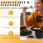 Plastic Dinnerware Sets – 40-Piece Plates and Bowls Sets with Cups, Knives, Forks and Spoons, Dishes Set for 8, Reusable Unbreakable Kitchen Dishware for Apartment, Camping, Outdoor, Black