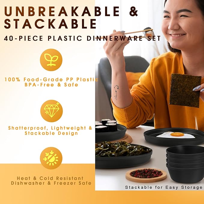 Plastic Dinnerware Sets – 40-Piece Plates and Bowls Sets with Cups, Knives, Forks and Spoons, Dishes Set for 8, Reusable Unbreakable Kitchen Dishware for Apartment, Camping, Outdoor, Black