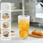 KEMORELA 2-Pack Ribbed Glass Tumblers with Lids & Straws – Vintage Iced Coffee Cups, Reusable Smoothie & Cocktail Drinking Glasses, Clear Glassware for Home or Cafe