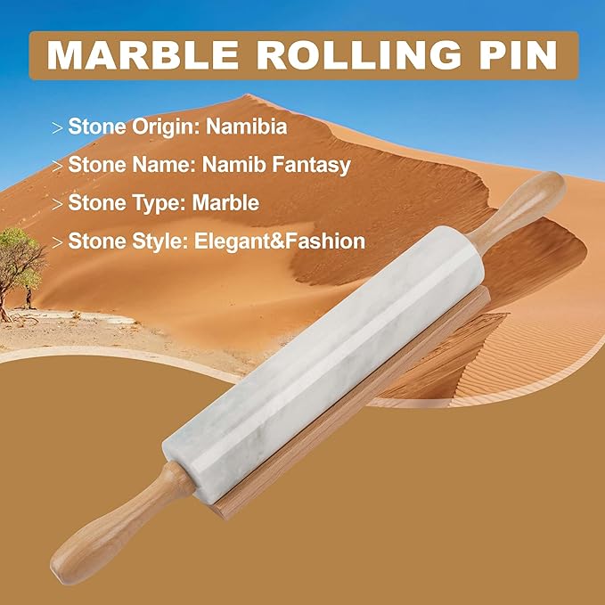 Koville African Natural Marble Rolling Pin, Non-Stick Polished Dough Roller, Pasta, Dumpling, Fondant, Pie Crust, Bread, Pizza Dough, Kitchen Baking Pastry Tools with Mat/Scraper（Namib Fantasy）