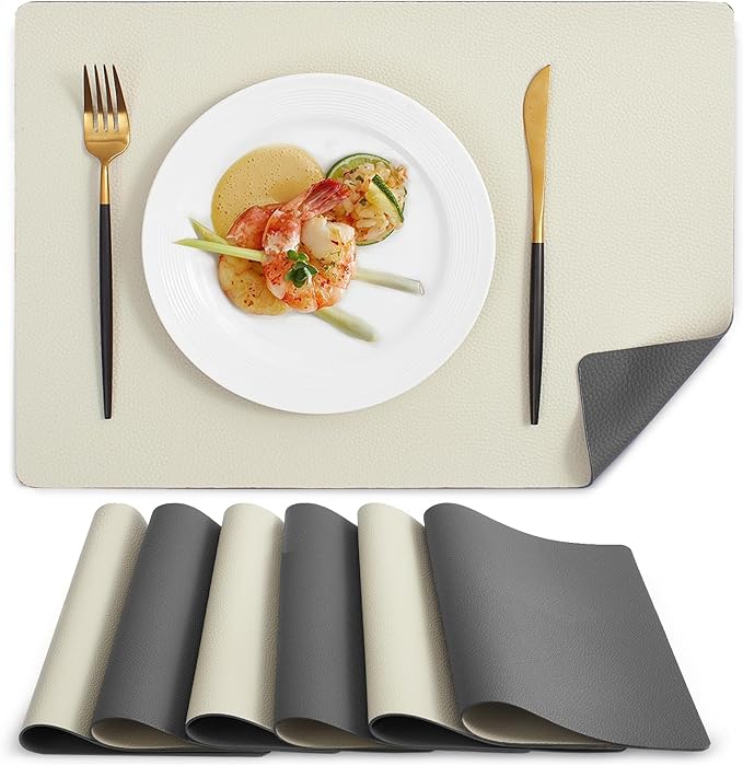 MOSAYT Vinyl Placemats Set of 6, Heat Resistant Place Mats 100% Waterproof Washable & Wipeable Faux Leather Reversible Table Mats for Kitchen Dining Party Indoor Outdoor, 12" x 17", Grey/Beige