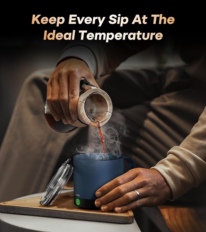 Heated Coffee Mug Rechargeable - Temperature Control Self Heating Coffee Mug 14oz with Lid, Double Sided & Real-Time LED Display, Hot up to 150℉, Birthday Gifts for Women and Men(Blue)