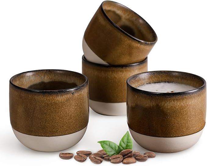 INGOFIN Ceramic Espresso Cup Set - Espresso Cup Set for Coffee and Tea, Espresso Accessories for Espresso Machine, Coffee Mug for Cafe, and Restaurant, Pack of 4, Brown, Microwave & Freezer Safe