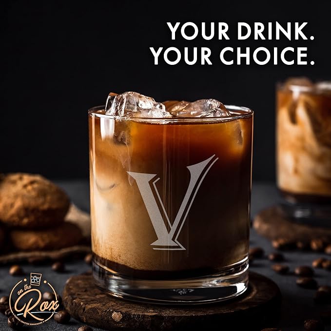Monogrammed Gifts for Men - 4PC 11 Oz Custom Whiskey Glasses (V-Monogram) - Engraved Whiskey Glasses - Personalized Whiskey Glasses - Unique Bourbon Glasses - Personalized Glass Gifts for Dad