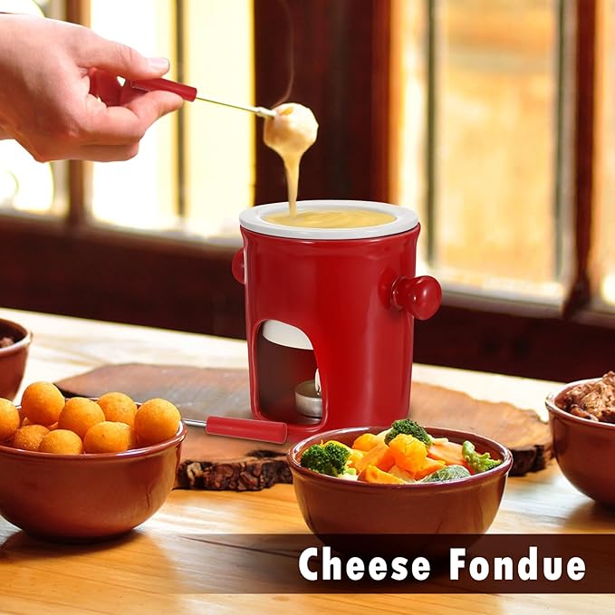 BSTKEY 280ML Ceramic Butter Warmer Set with 2 Forks, Fondue Pot Melting Pot Set, Melt Hot Pot Bowl Set for Cheese Chocolate Butter Caramel (Red)