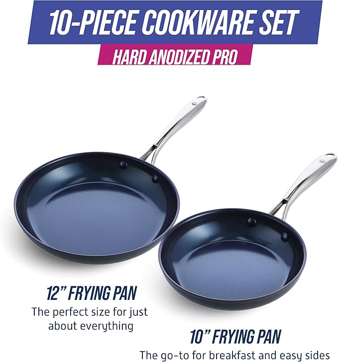 Blue Diamond Cookware Hard Anodized Ceramic Nonstick, 10" and 12" Frying Pan Skillet Set, PFAS-Free, Dishwasher Safe, Oven Safe, Grey